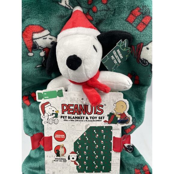 Peanuts Snoopy Pet Toy Squeaker & Plush Green 40x30 Blanket Set New With Tags - Picture 2 of 6